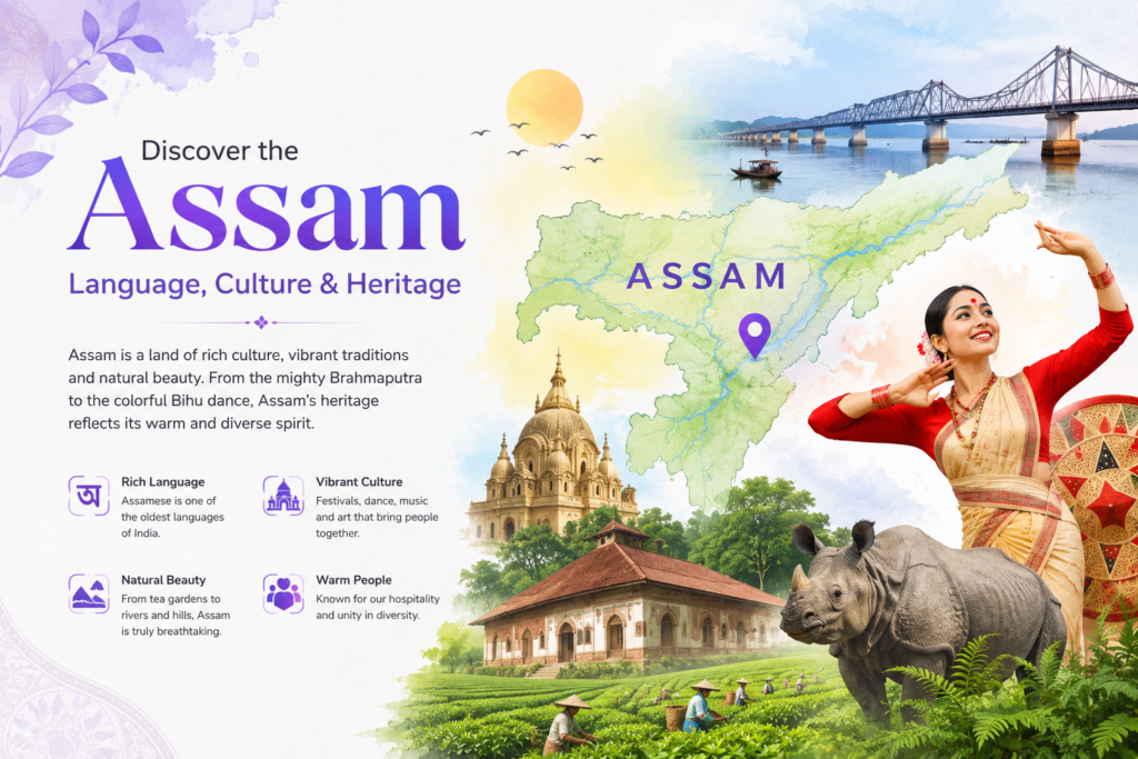 Assam language, culture and heritage illustration featuring Assam map, Bihu dance, tea gardens and traditional Assamese landmarks