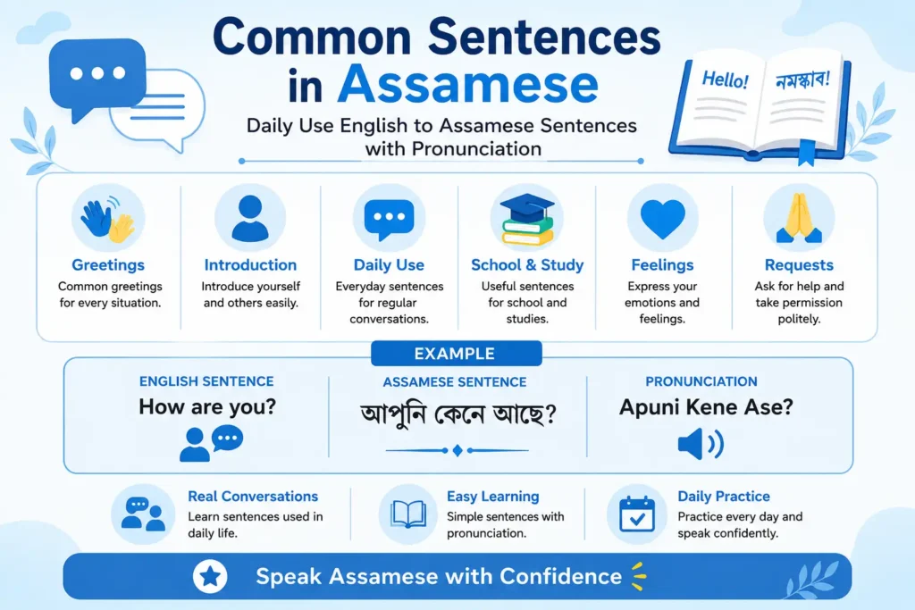 common sentences in assamese with english translation pronunciation and daily use phrases infographic