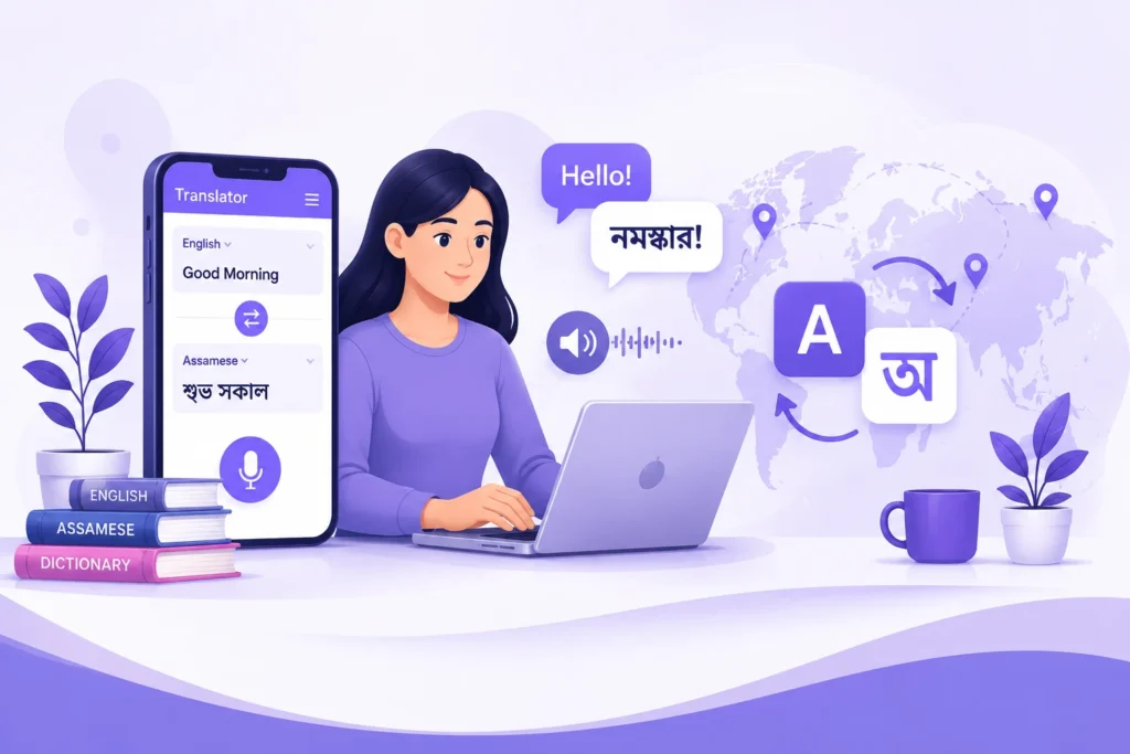 English to Assamese translation tool with voice translation, Assamese keyboard typing and instant language conversion on mobile and laptop