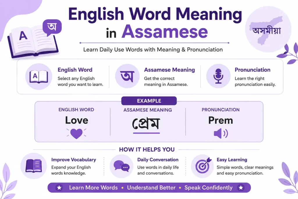 english word meaning in assamese with pronunciation example and daily use vocabulary infographic