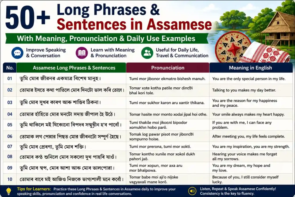Long Phrases & Sentences in Assamese with meanings, pronunciation, and daily conversation examples.