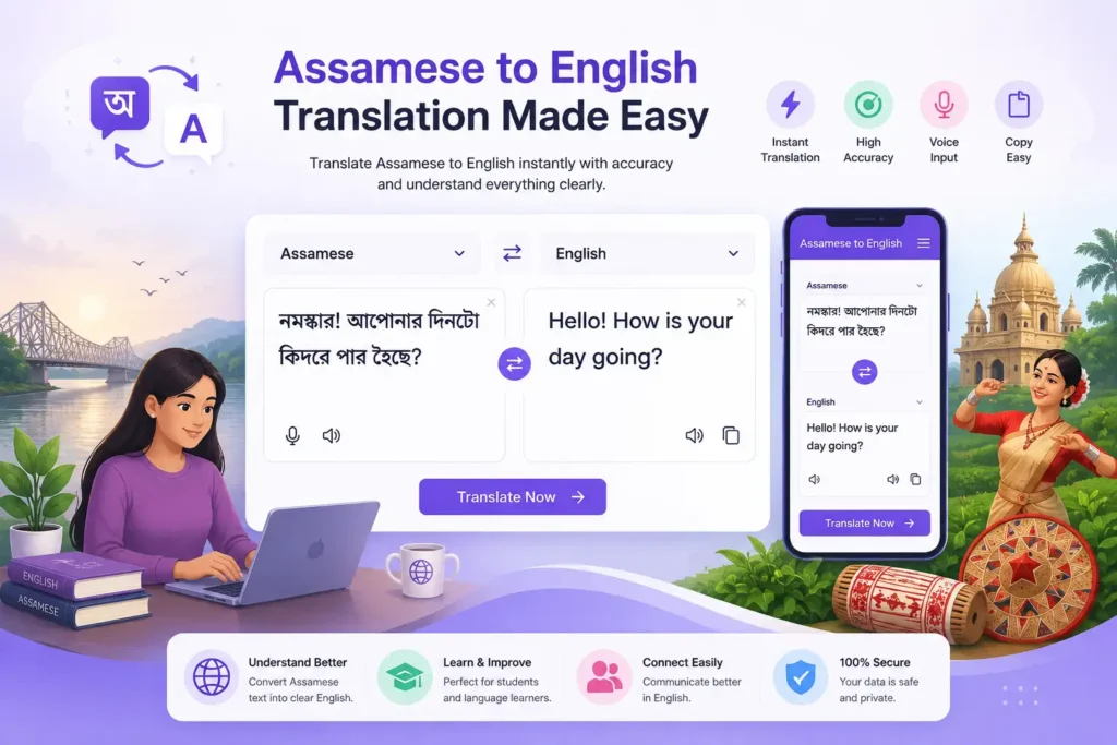 Assamese to English translator illustration featuring Assamese language conversion, voice translation, English translation tool and Assamese culture