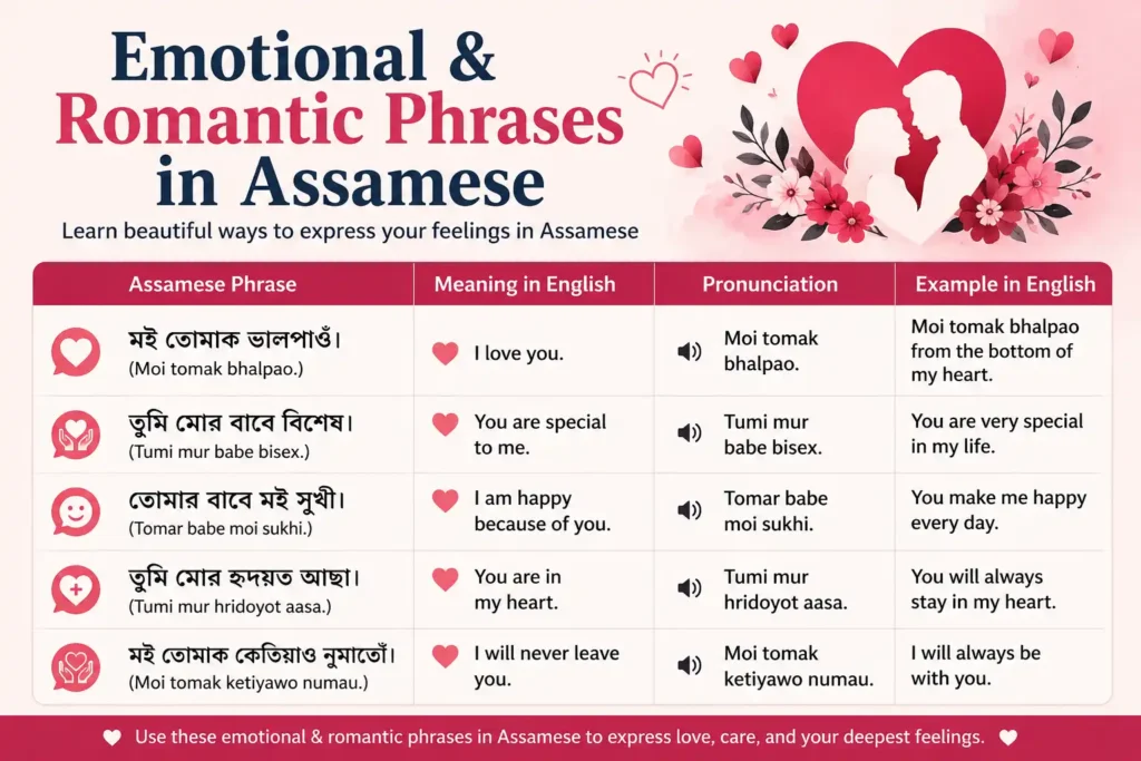 Emotional & Romantic Phrases in Assamese with meanings, pronunciation, and daily use love expressions.