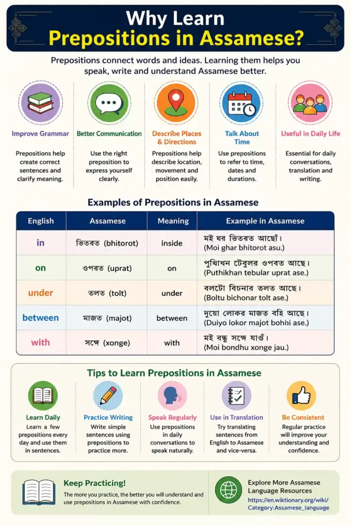 Prepositions in Assamese infographic with meanings, pronunciation, examples, and daily use grammar words for beginners.