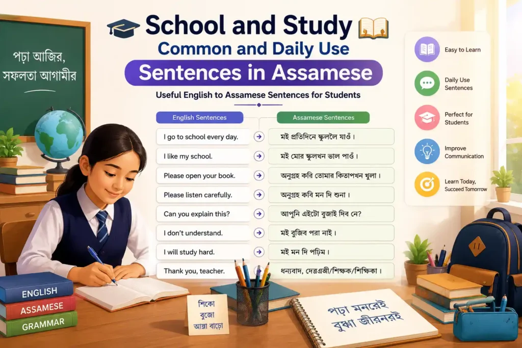 School and study common daily use Assamese sentences for students with English to Assamese translations, classroom learning and educational conversation examples
